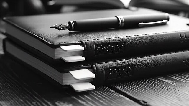 Monochrome study vignette, black notebooks, white index tabs, gentle tilt across contrasting textures