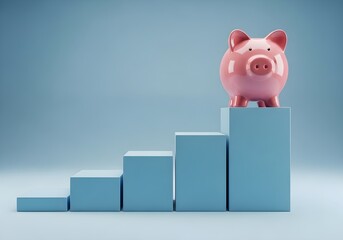 Pink piggy bank sitting atop of a blue block staircase against a blue background in studio shot