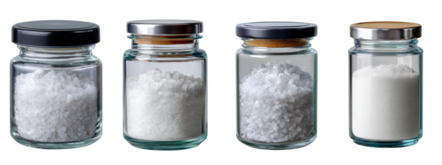 Four glass jars with assorted white granular and powdery substances. Essential kitchen ingredients like salt and sugar, isolated on a bright white background