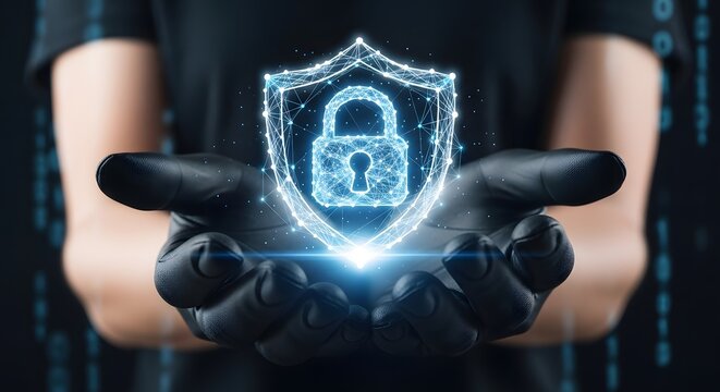 Hands holding a glowing digital shield with a padlock symbol representing cybersecurity