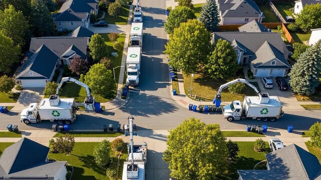 Aerial view of garbage trucks collecting trash on a suburban street.