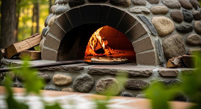 A stone pizza oven with a glowing fire inside. The oven is surrounded by greenery, creating a rustic outdoor cooking scene. - Powered by Adobe