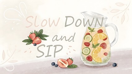 Watercolor illustration of fruit infused water in a glass jug