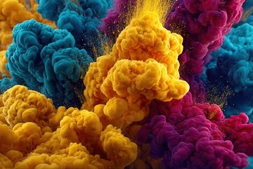 Colorful explosion of yellow cyan and magenta powder clouds
