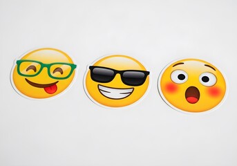 Three yellow emoji stickers with different expressions on a white background in a horizontal line