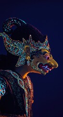 Naklejka premium Elaborate traditional puppet figure adorned with glowing neon accents performs against a dark background