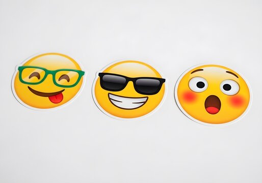 Three yellow emoji stickers with different expressions on a white background in a horizontal line