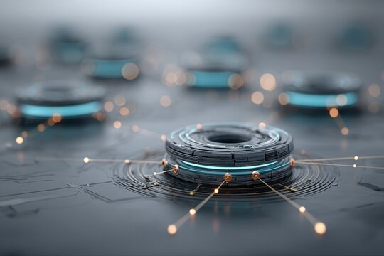 Futuristic cyber circuit rings glowing with turquoise energy