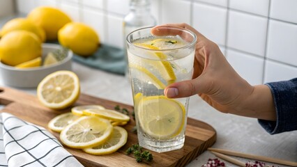 "Hand Holding Glass of Lemon Infused Detox Water – Healthy Hydration Concept on White Background"