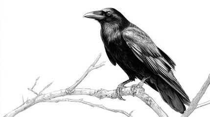 Fototapeta premium Detailed Illustration of a Raven Perched on a Branch in Black and White