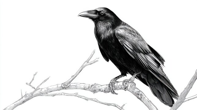 Detailed Illustration of a Raven Perched on a Branch in Black and White