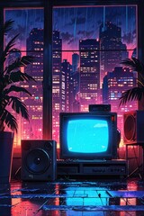 Retro Cyberpunk Room with City View and Neon Rain &mdash; 80s Aesthetic