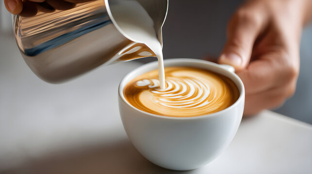 Barista pouring steamed milk into coffee cup creating beautiful latte art design