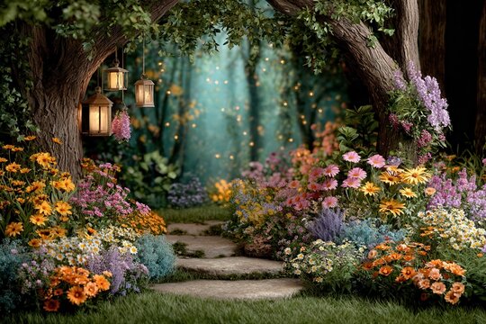 Magical twilight garden path with glowing lanterns and dreamy fireflies - Powered by Adobe