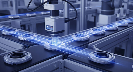 Automated inspection system examining parts on a conveyor belt with futuristic laser technology ai generated