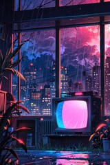 Retro Cyberpunk Room with City View and Neon Rain &mdash; 80s Aesthetic
