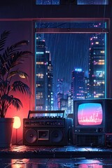 Retro Cyberpunk Room with City View and Neon Rain &mdash; 80s Aesthetic