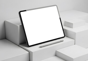 A tablet with a blank screen and a stylus resting on white geometric shapes in a minimalist setting