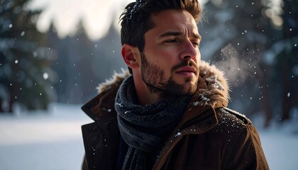 A close-up portrait of a person shivering in the cold winter snow