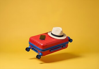 A red and blue suitcase with a hat and phone on top against a yellow colored background studio shot