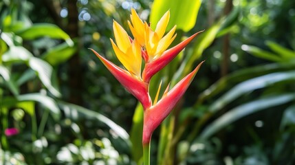 Vibrant red and yellow flower in a lush garden setting.