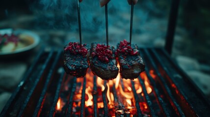 Grilled meat skewers with a red topping over an open fire.