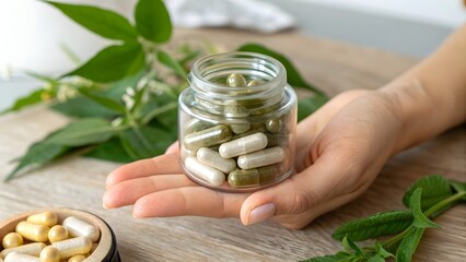 Hand Holding Small Glass Jar of Herbal Capsules, Organic Supplement Concept, Natural Health and Wellness