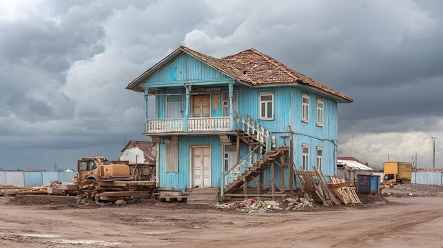 Dilapidated light blue wooden house stands beneath a heavily clouded sky near construction materials