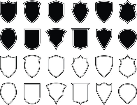Set of Badge templates in vintage style. Black patch silhouettes. Police badge, shield, labels. Isolated on white background	
