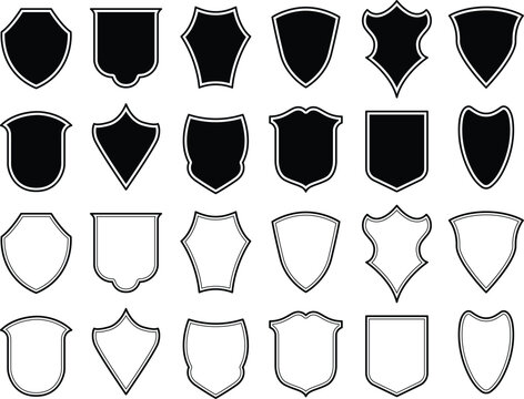 Set of Badge templates in vintage style. Black patch silhouettes. Police badge, shield, labels. Isolated on white background	
