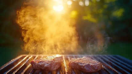 Two steaks sizzling on a grill, steaming in the warm evening sun.