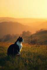 Black and White Cat Sitting in Grass at Sunset &mdash; Peaceful Nature Scene