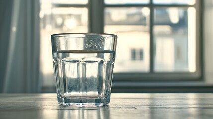 Half-filled glass of water on a wooden table.