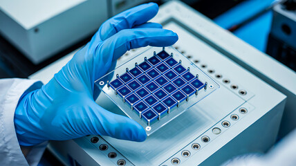 Scientist hand holding microchip plate in laboratory representing biotechnology and innovation
