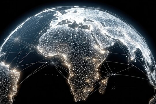 Futuristic white network globe showing connected continents