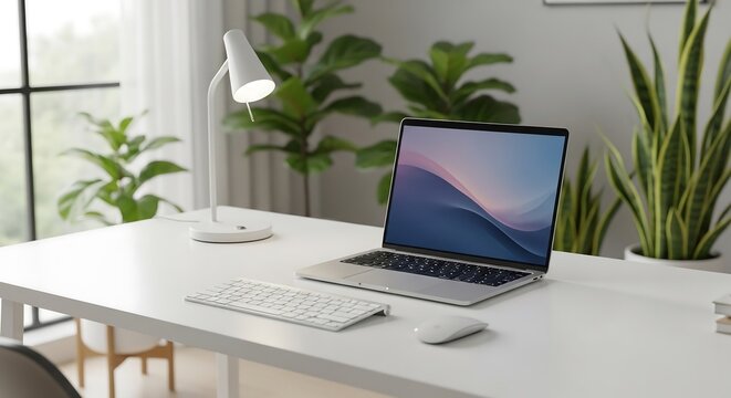 Minimalist home office desk with laptop, soft natural daylight background, workspace photography for productivity lifestyle branding