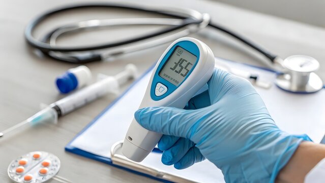 “Hand Holding Digital Thermometer with Visible Temperature Display, Medical Equipment Concept, Healthcare Device on White Background”