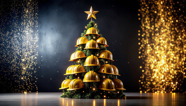 Christmas tree made of yellow construction helmets with glowing star and lights