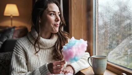 national cotton candy day happy woman enjoys on rainy