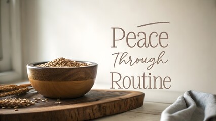 Wooden bowl filled with grains on a rustic wooden surface