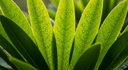 Intricate close-up of lush green leaves adorned with sparkling water droplets, illuminated by soft natural light, symbolizing purity, growth, and the refreshing essence of nature after a gentle rain