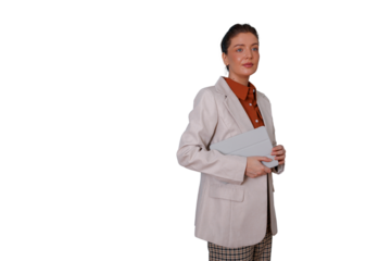 Businesswoman wearing blazer and using digital tablet, presenting new ideas for corporate success, isolated transparent background