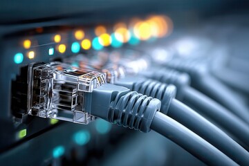 Blue-gray ethernet cables connected to server ports with glowing LEDs