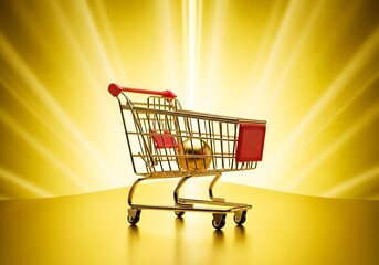 A golden shopping cart with a red handle and a golden sphere on a golden background with light rays