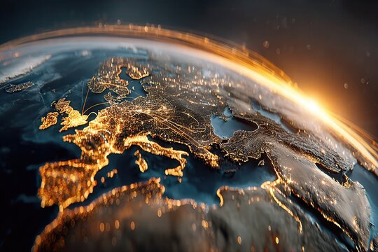 Glowing Europe at sunrise with illuminated data routes - Powered by Adobe