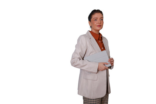 Businesswoman wearing blazer and using digital tablet, presenting new ideas for corporate success, isolated transparent background