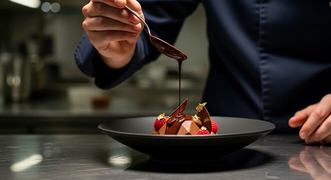 Chef drizzling glossy dark chocolate over premium dessert on matte black dish, elegant hand movement and dramatic lighting, pastry photography for luxury restaurant branding and gourmet advertising