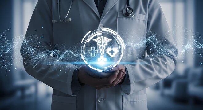 Doctor holding glowing medical hologram with digital health data overlay