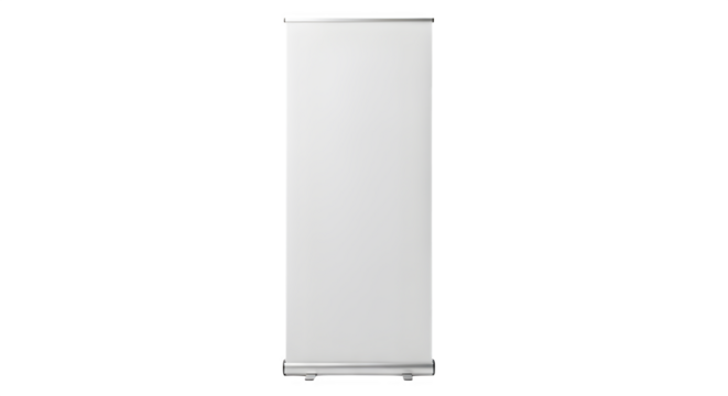 A tall narrow white refrigerator or freezer standing upright and isolated on transparent background