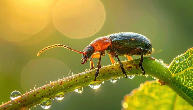 Close up of an orange and dark beetle covered in dew drops on a green plant stem during sunrise with bokeh